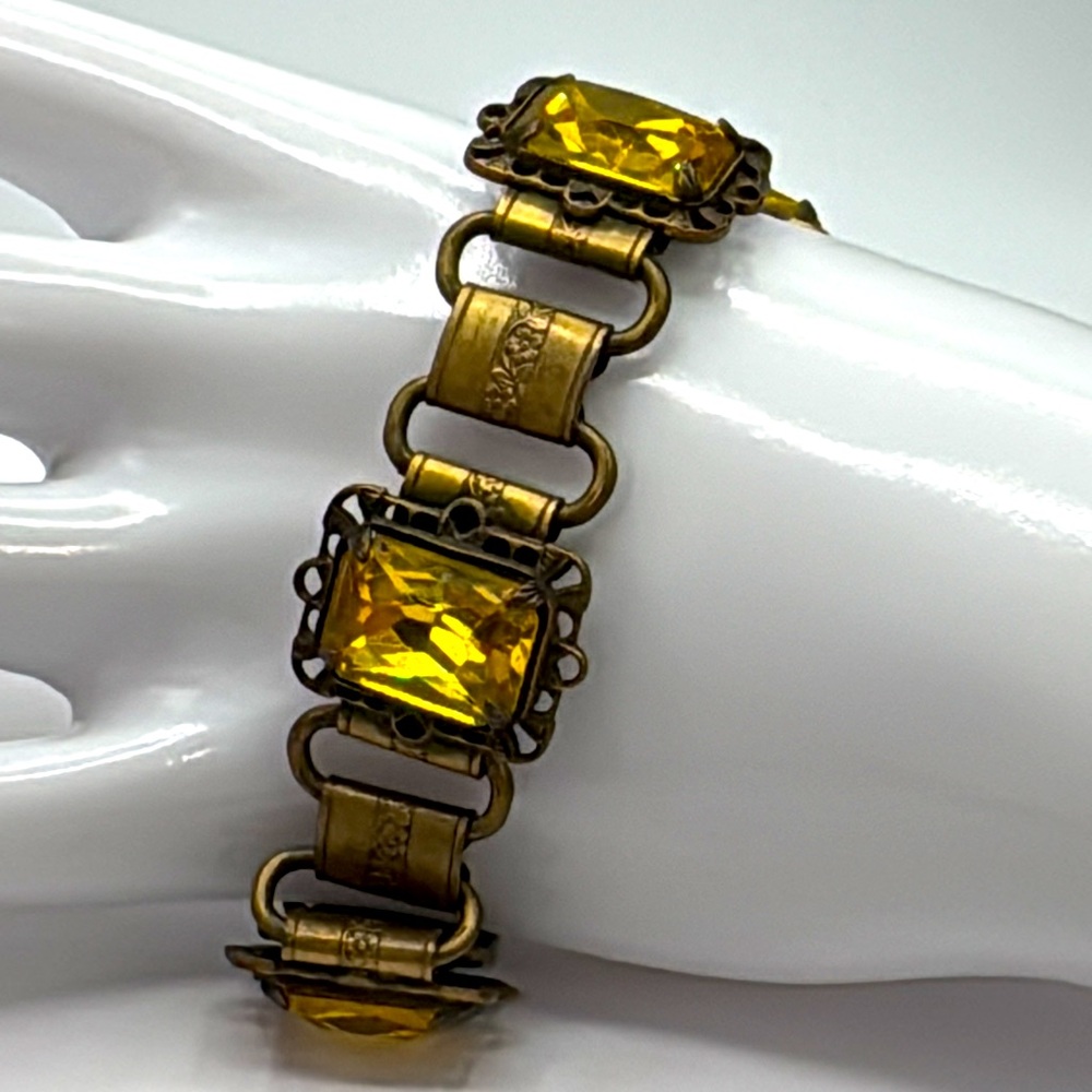 Antique Victorian brass bracelet with yellow Uranium glass stones.